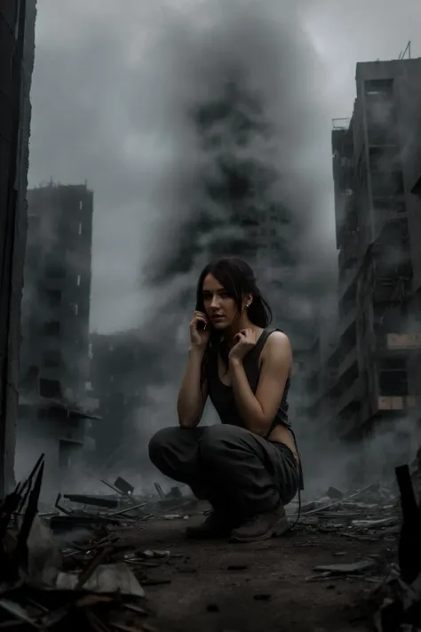 a woman sitting on the ground in front of a building