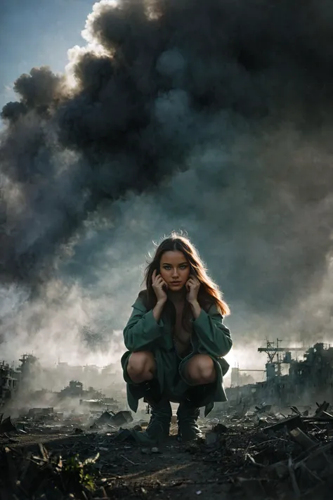 arafed woman in green dress crouching down in front of a black cloud