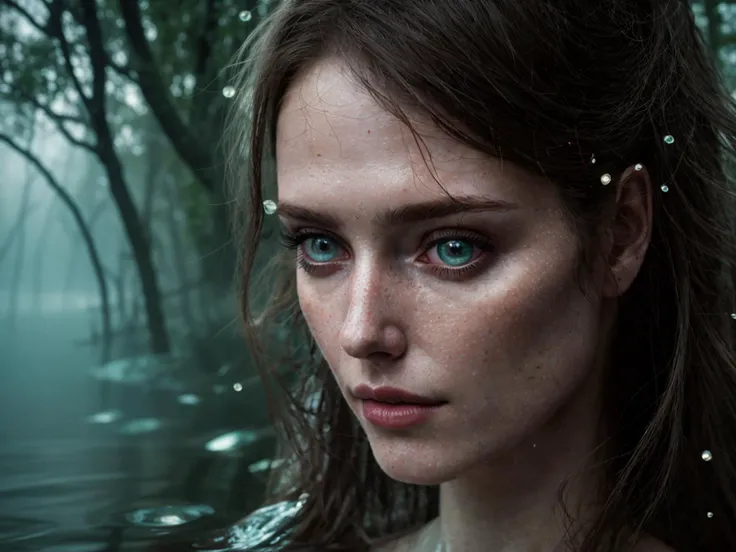 a close up of a woman with blue eyes in a body of water