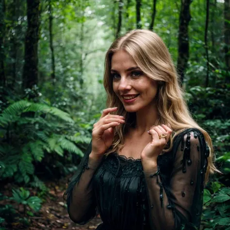 blond woman in black dress standing in forest with trees and ferns