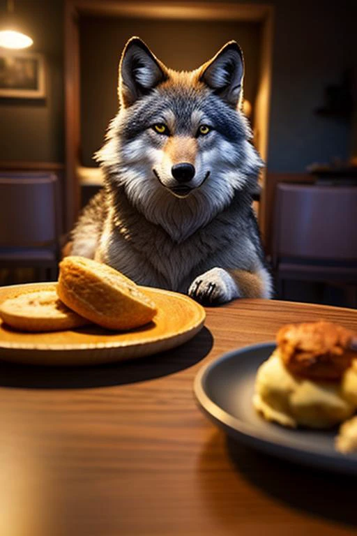 there is a wolf sitting at a table with a plate of food