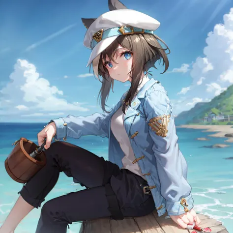 anime girl sitting on a dock with a hat and a purse