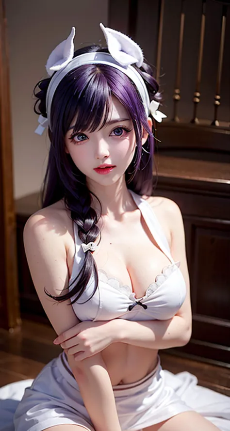 fingering, schlick, masturbation,masterpiece,1girl,solo, purple hair,hair hair over one eye,horns,maid apron, center opening, cleavage cutout,bare shoulders, closed mouth, white white legwear, <lora:augustmaid-000002:1>,mouth hold,