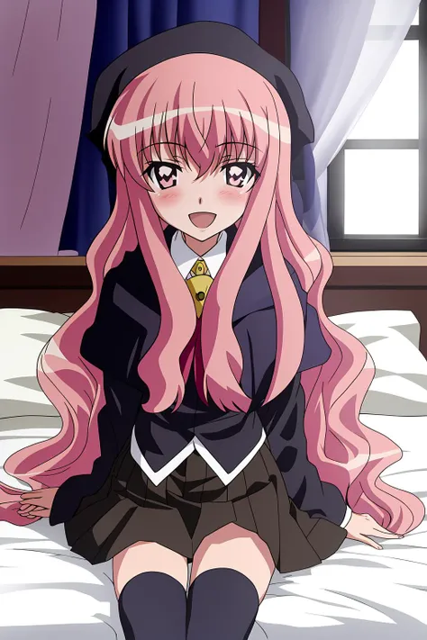 louise, 1girl, solo, long_hair, looking_at_viewer, blush, smile, open_mouth, skirt, shirt, thighhighs, long_sleeves, sitting, school_uniform, pink_hair, :d, pleated_skirt, black_thighhighs, pink_eyes, cape, zettai_ryouiki, window, bed, on_bed, curtains, pe...