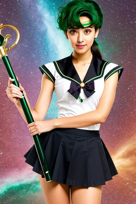 photograph, masterpiece, best_quality, highres, <lora:setsunaMeiouSailorPluto_v10:0.45>, SetsunaMeiou, sailor_senshi_uniform, standing, black_sailor_collar, black_skirt, solo, staff, holding_staff, green hair,