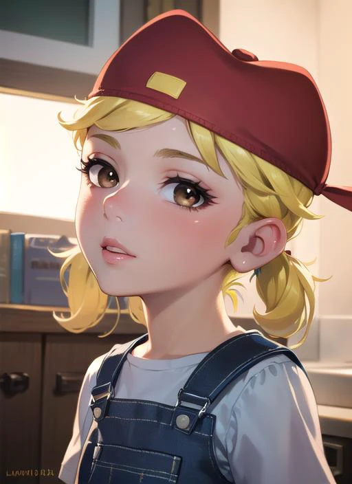 a beautiful picture of Lana Loud, masterpiece, photorealistic, detailed, 4k, HDR, backlighting, bloom, light, RAW color photo, smooth skin, blonde,  red headwear, detailed face, brown eyes, overalls, <lora:Lana_Loud1-10_3:0.8>