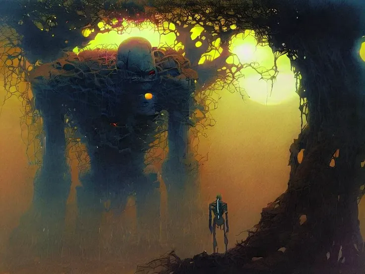 arafed man standing in front of a giant creature in a forest