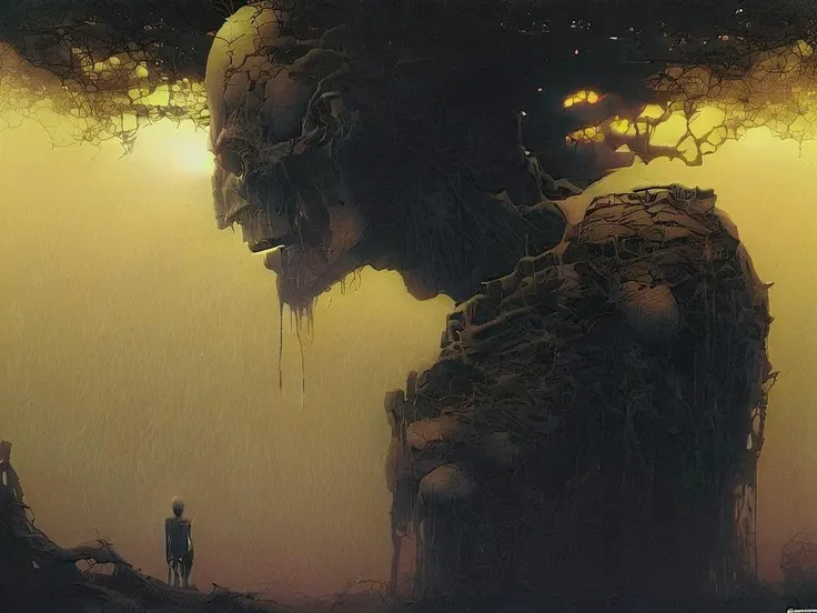 a close up of a person standing in front of a giant creature