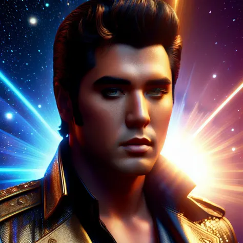 a close up of a man in a leather jacket with a star in the background