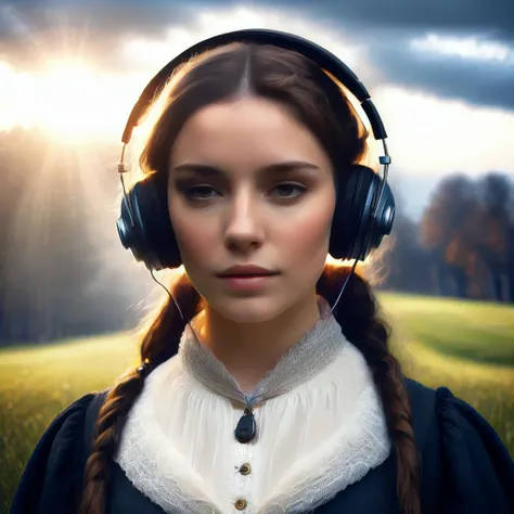 arafed woman with headphones standing in a field with a cloudy sky