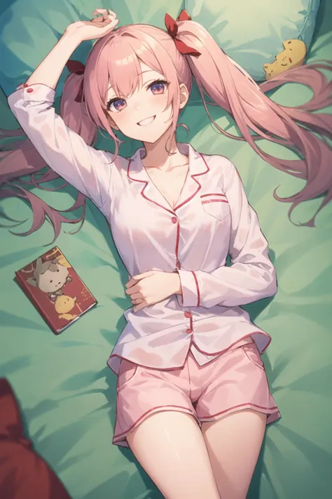 1girl, cowboy shot, on back, from above, on bed, pink pyjamas, twintails, smile