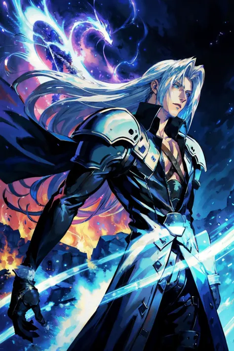 sephiroth, final fantasy, white hair, armor, shoulder pads, background of flames, masterpiece, best quality, CG, wallpaper, HDR, high quality, high-definition, extremely detailed