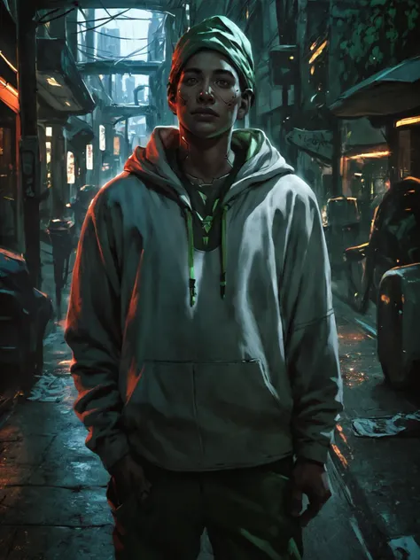 adult man, black hair, brown eyes, black skin, green bandana on face, standing, red cap, jogger pants, white hoodie, hood, cyberpunk, dusk, side street, outdoors, solo, <lora:Eddie_MendozaV2:0.8>, score_9, score_8_up, score_7_up, realistic