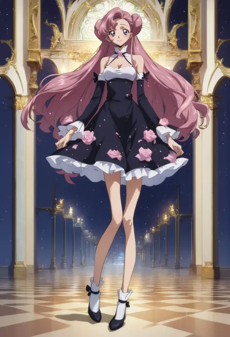 1girl, solo, euphemia li britannia, pink hair, long hair, purple eyes, double bun, black night dress, bare shoulders, cleavage, leg cut, full body, smiling, blush, looking to the viewer, indoors, standing, night, hotel<lora:Code geass:0.8>  <lora:Euphemia_...