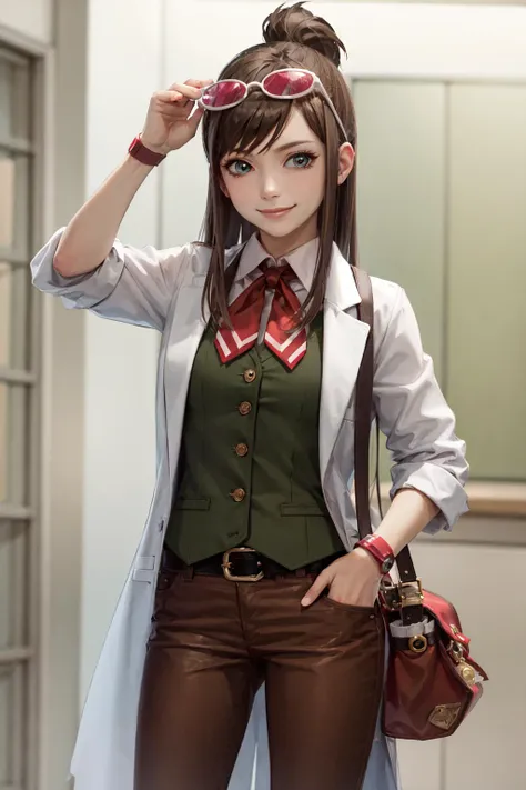 (masterpiece, best quality:1.2), <lora:aa_emaskye-10:0.8>, cowboy shot, solo, 1girl, ema skye, smile, tinted eyewear on head, open clothes, labcoat, sleeves rolled up, green vest, red neck ribbon, brown pants, wristband