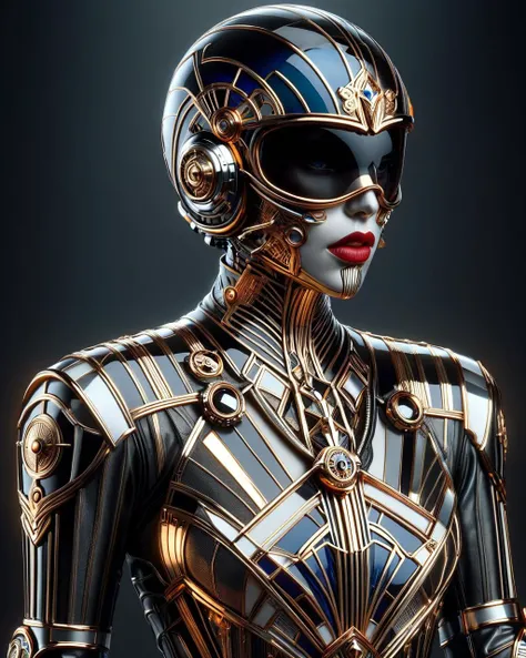 light-weight Shila, Creepy lips, wearing Stunning Motorcycle gear, <lora:Art_Deco_Style_SDXL:1> ais-artdeco