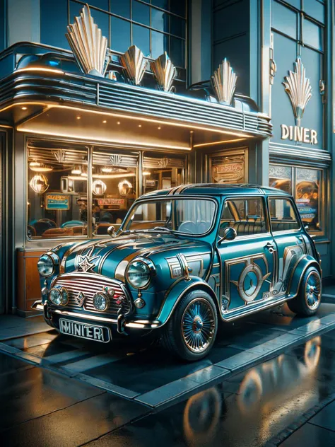 a close up of a car parked in front of a diner