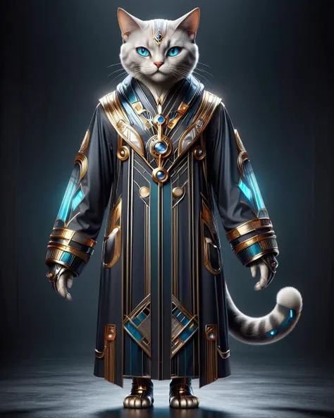 masterpiece, cat, he is wearing his Futuristic jlby-xl, long sleeves robe, It looks Sleek on him, Warmcore, <lora:Art_Deco_Style_SDXL:1> ais-artdeco