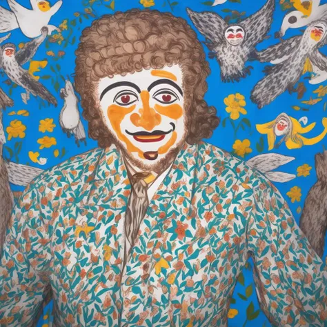 painting of a man with a clown face and a bird on a blue background