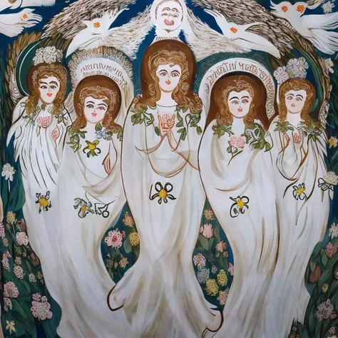 painting of four angels with flowers and leaves in their hands