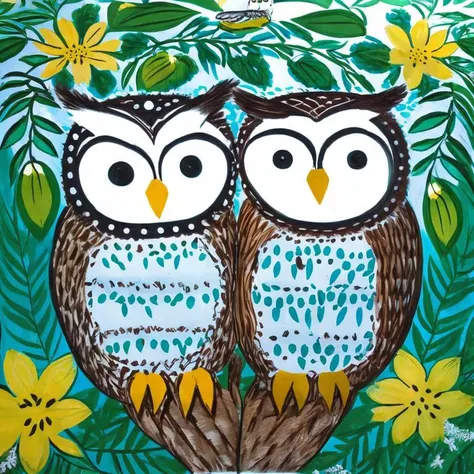 painting of two owls sitting on a branch with flowers in the background