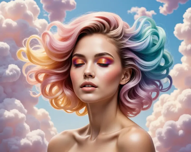 A vibrant, photorealistic portrait of a stunning woman with flowing, multicolored hair that seamlessly transitions into soft, billowing clouds. Her hair features a beautiful blend of pastel pink, aqua blue, and soft yellow tones, merging with the clouds ab...