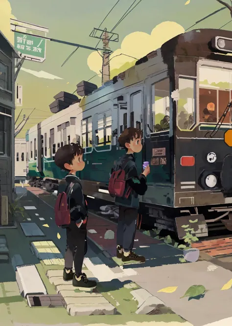 anime style picture of two people waiting at a train station