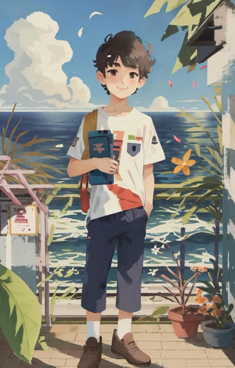 anime boy standing on a balcony with a book in his hand