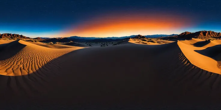 360panorama,As the sun dips below the horizon,the desert comes alive with a kaleidoscope of colors. Sand dunes stretch endlessly towards the horizon,their graceful curves sculpted by the winds of time. A solitary cactus stands sentinel amidst the vast expa...