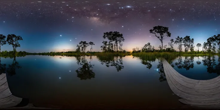 360panorama,Centered Horizon,No seams,<lora:HMSGXL_epoch_9:1>,A Sun,<lora:åå½±XL:1>,(masterpiece),(best quality),(ultra-detailed),outdoors,sky,cloud,water,tree,no humans,night,star (sky),nature,night sky,scenery,forest,starry sky,reflection,ripples,refle...