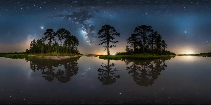 360panorama,Centered Horizon,No seams,<lora:HMSGXL_epoch_9:1>,A Sun,<lora:åå½±XL:1>,(masterpiece),(best quality),(ultra-detailed),outdoors,sky,cloud,water,tree,no humans,night,star (sky),nature,night sky,scenery,forest,starry sky,reflection,ripples,refle...