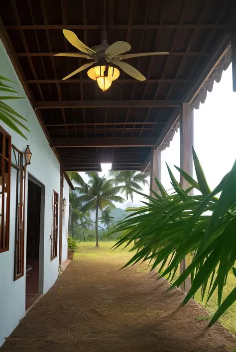 a close up of a ceiling fan on a building with a palm tree