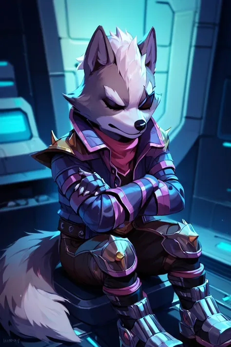 a cartoon picture of a wolf in a space suit sitting on a platform