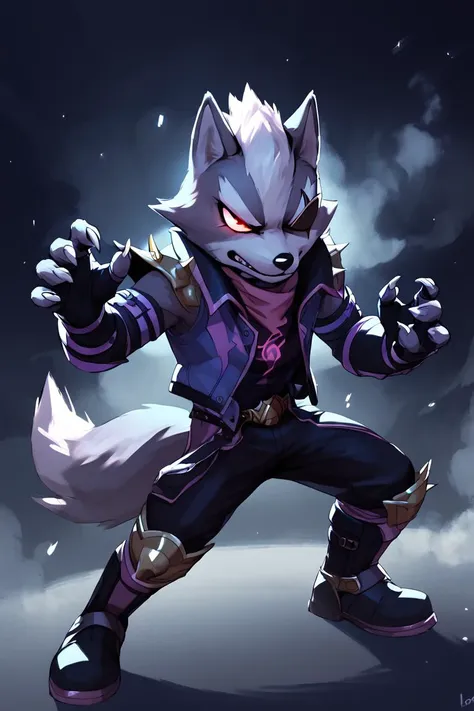 a drawing of a wolf with a purple shirt and black pants