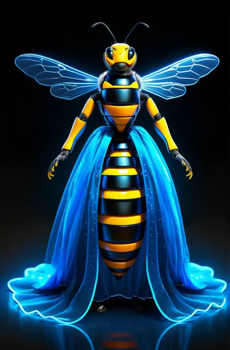 Bee glowing neon blue gown, Realistic style