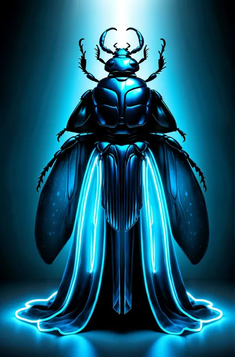 Beetle glowing neon blue gown, Realistic style