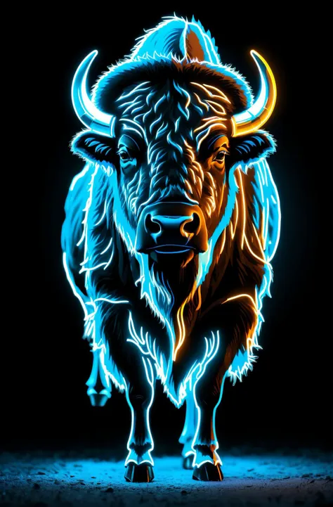 a close up of a bull with glowing horns on a black background