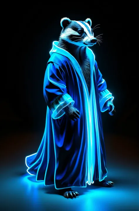 a close up of a raccoon dressed in a robe and lights