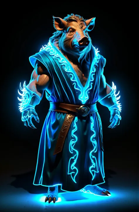 a blue and black image of a man in a robe with glowing lights