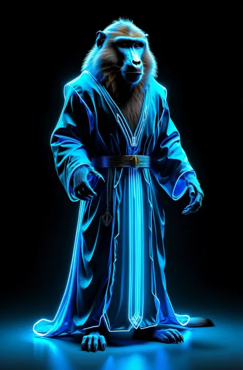 Baboon glowing neon blue gown, Realistic style