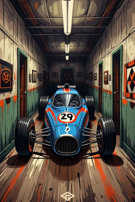 a close up of a racing car in a room with a wooden floor