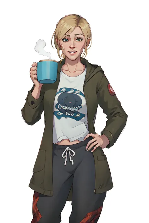 1girl,traceygtav,cowboy shot,standing,happy,flannel coat,sweatpants,holding mug of hot coffee,simple background, <lora:TraceyGTAV:0.7>, <lora:LORA-XenoDetailer-v2:0.1>