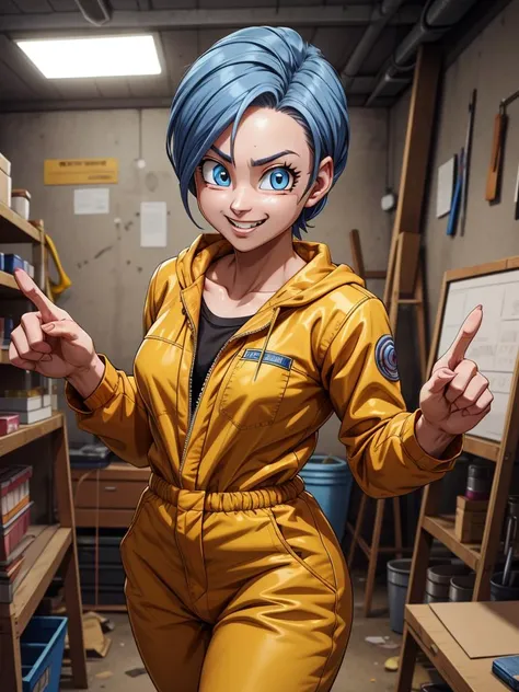 RAW photo, (high detailed skin, detailed eyes:1.1), intricate details, best quality, 8k uhd, 1girl, solo, buruma_brief_older, buruma_super_resurrectionfreezer, yellow jumpsuit, smile, workshop in background, vicious attack <lora:buruma_brief_olderV3:0.5>