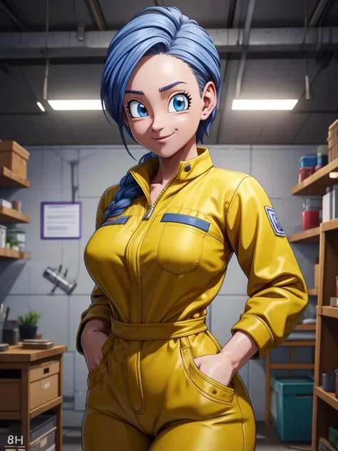 RAW photo, (high detailed skin, detailed eyes:1.1), intricate details, best quality, 8k uhd, 1girl, solo, buruma_brief_older, buruma_super_resurrectionfreezer, yellow jumpsuit, workshop in background, smile <lora:buruma_brief_olderV3:0.5> <lora:SexScene3DR...