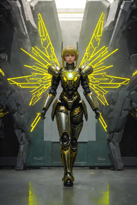 1girl, (robotic valkyrie:1.1), (gates of valhalla:1.2), (battle armor:1.1), (dystopian future:1.1), golden wings, frown, (master...