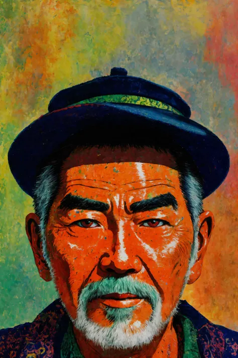 [Close up of an old asian mans face:abstract background:0.5], extremely detailed face and eyes, explosive pose, expressionism, digital art, colorful background, absurdist, highly detailed, (brush strokes:1.1), (acrylic paint:1.1), pointilism, muted colors,...