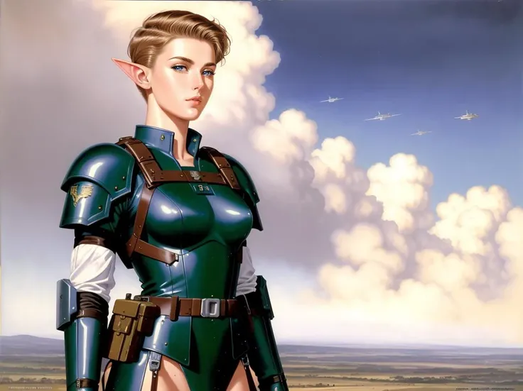 Masterpiece, WWII (theme), front view, 1990s [sci-fi|fantasy] tabletop RPG art, illustration of ([elf|woman] soldier with short hair), pale skin, perfect face, blue eyes, futuristic, weather advanced tactical harness, tight-fitting military uniform, oil on...