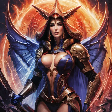 ((Monica bellucci)), Warhammer 40k art, vivid colors, highly detailed, cult of Mechanicus, (Tech-Priest woman of the Adeptus Mechanicus), fine details, perfect face, wearing white robes with [mechanical|robotic] upgrades, athletic body, Heavy Metal Magazin...