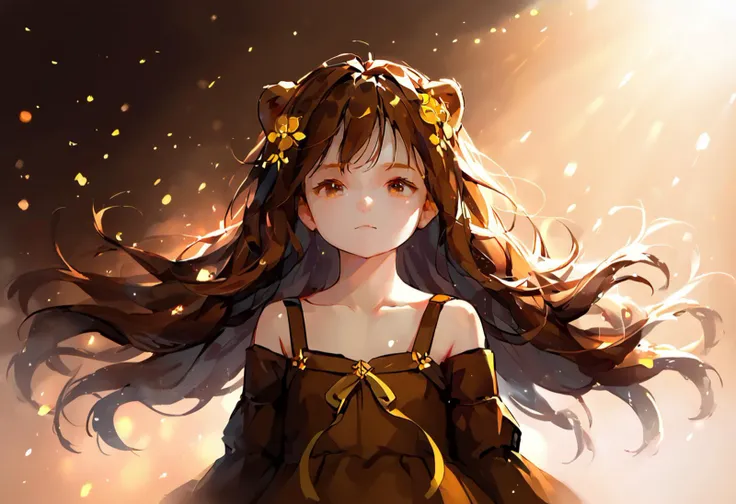 score_9, score_8_up, source_anime,
1girl, solo, dress, long hair, brown dress, lion girl, cute, hair ornament, brown hair, bare shoulders, brown eyes, floating hair, collarbone, closed mouth, blurry, standing, light particles, cinematic, brown theme, chiar...