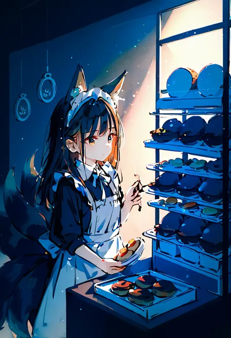 score_9, score_8_up, 1girl, cute, solo, symmetry, straight on, upper body, fox ears, fox tail, kyuubi, multiple tails, small breasts, animal ear fluff, (ear tufts:1.2), maid, pastry, shop, standing, old shop, old interior, cozy, comfy, soft lighting, warm ...